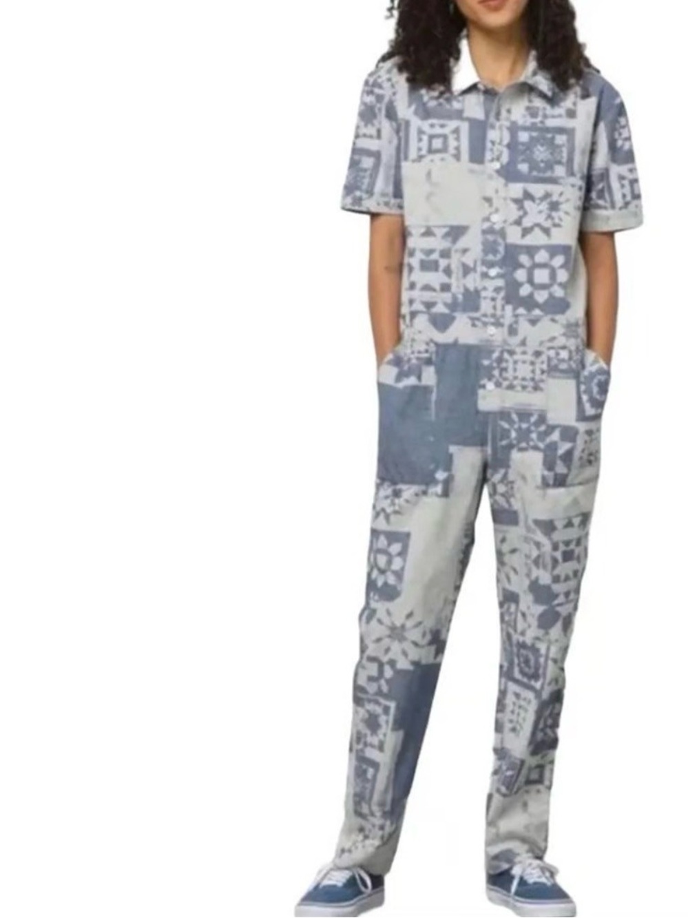 Vans Blue Patchwork Short-Sleeve Jumpsuit